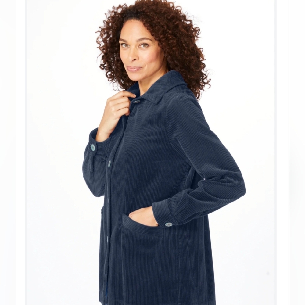 Woman Within Pleated Back Corduroy Jacket Long Oversized Barn Coat Size 14 / 16